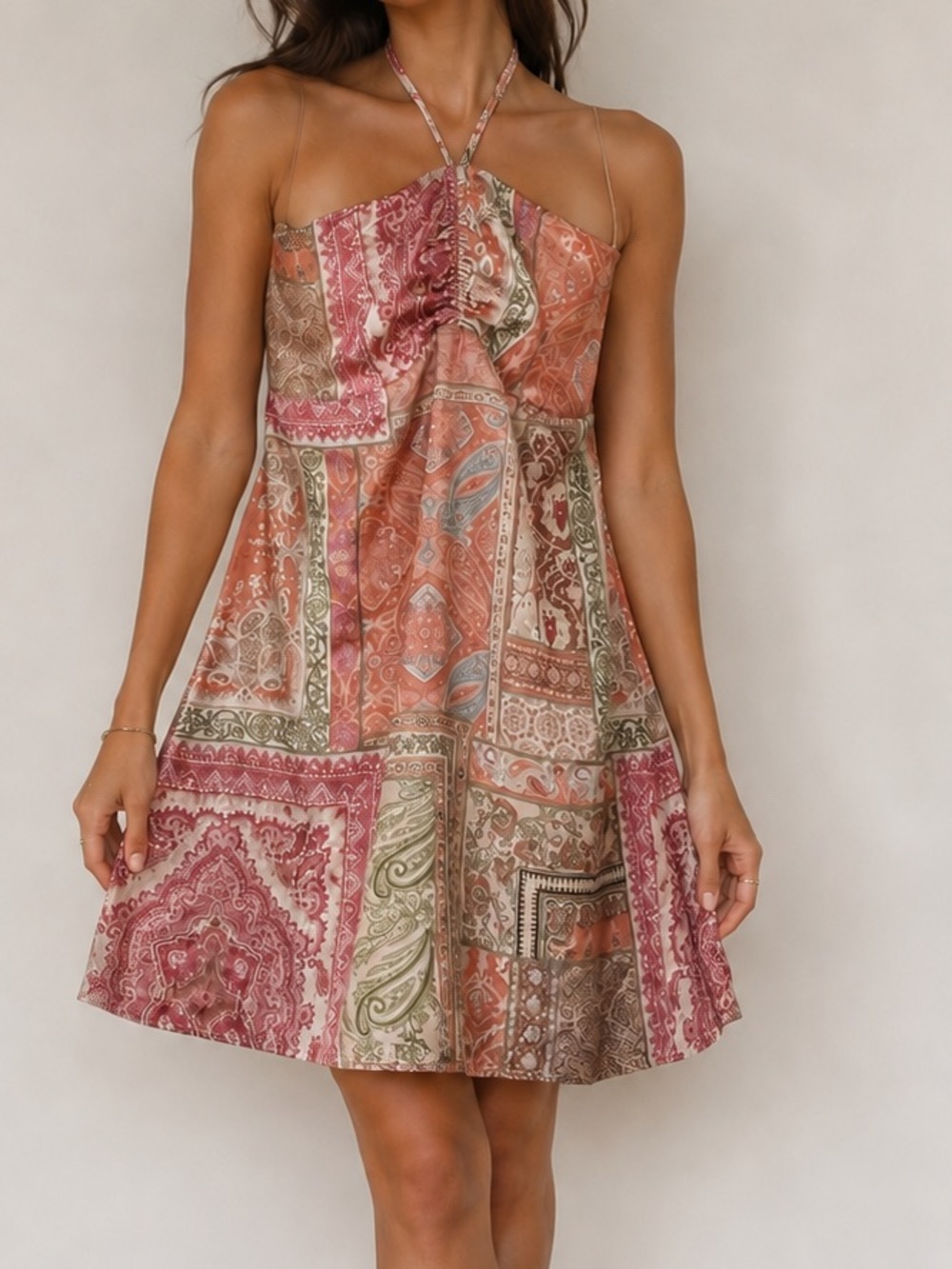 Altar'd State Pink & Coral Patchwork Halter Dress